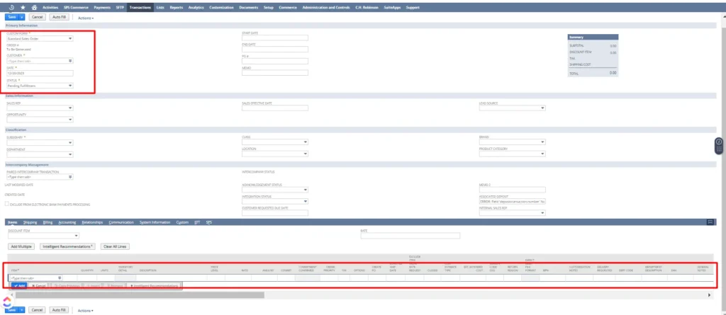 In this form, add important details such as customer name, date, status, ordered items