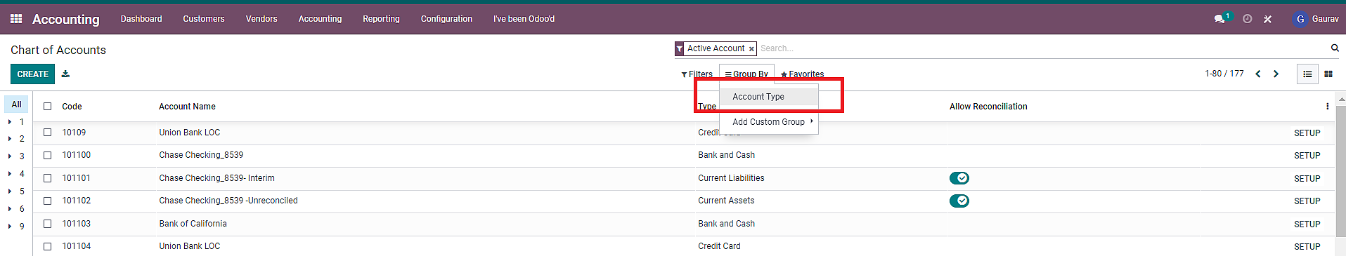 chart of accounts odoo select “Account Type”.