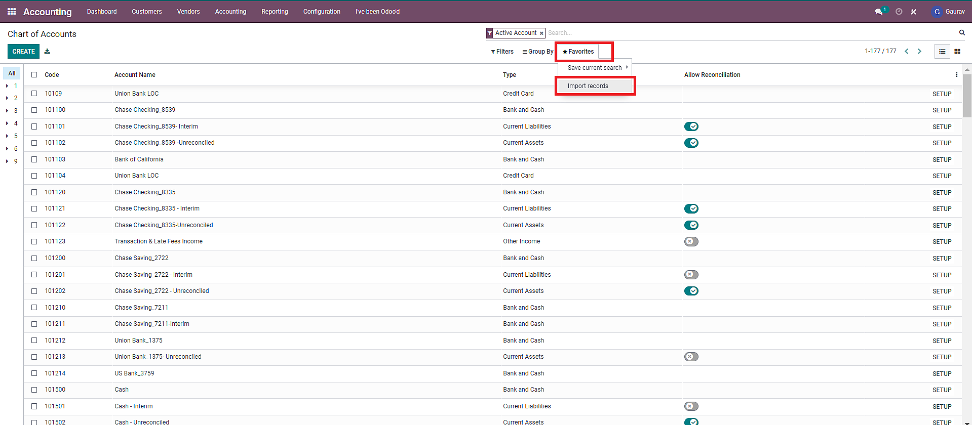 chart of accounts odoo