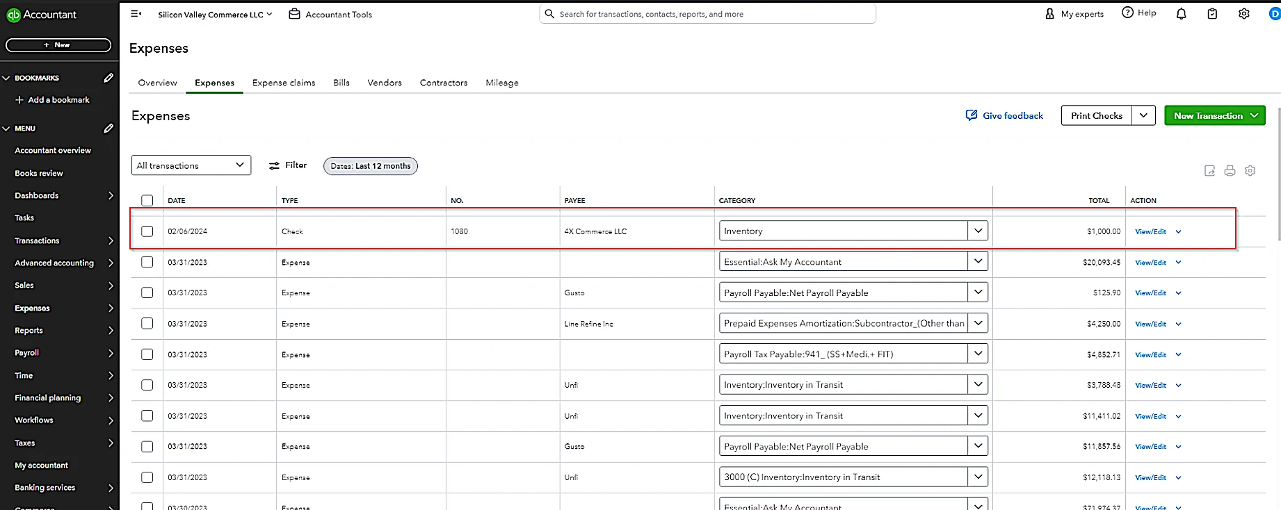 On the “Expense Transactions” list, find the check you want to void.