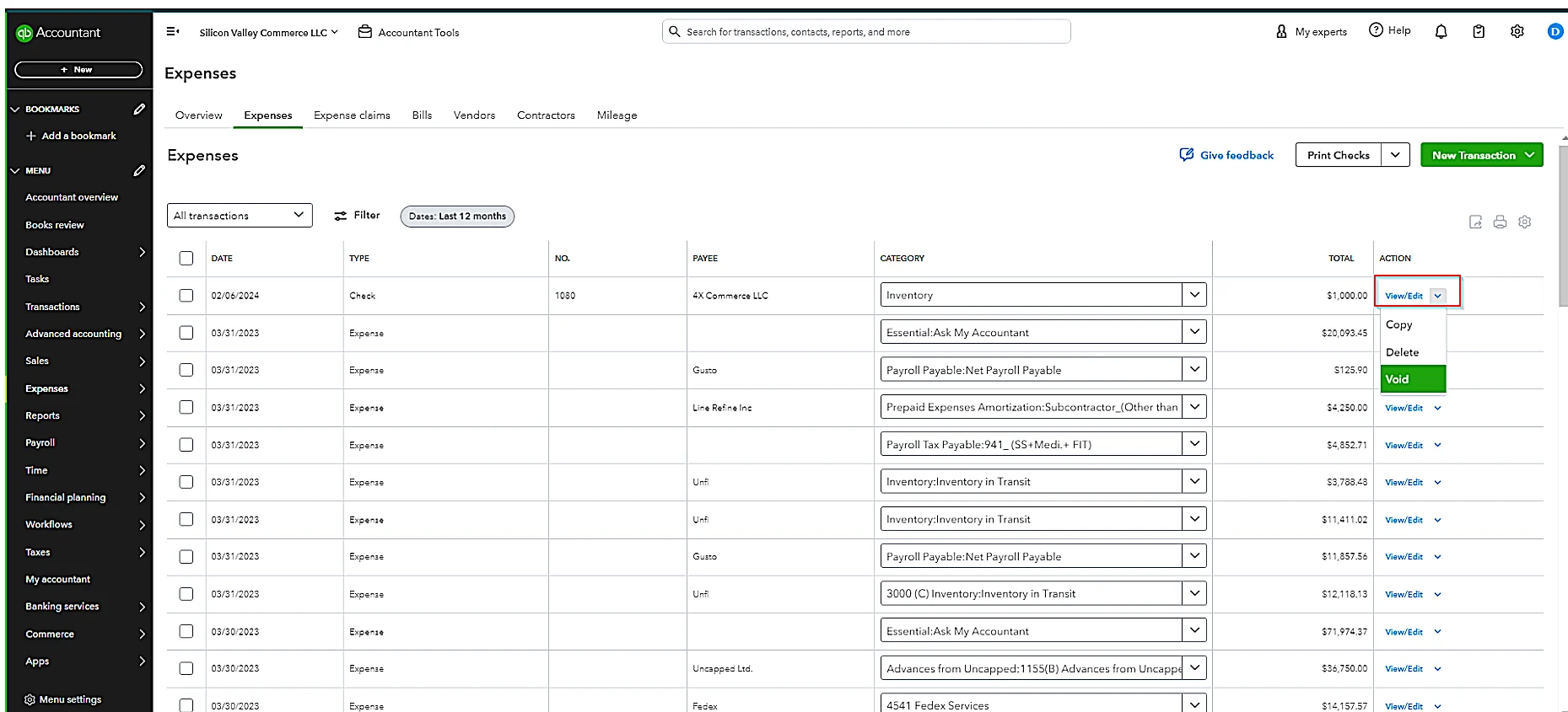 Find and select ‘Void’ in the ‘View/Edit’