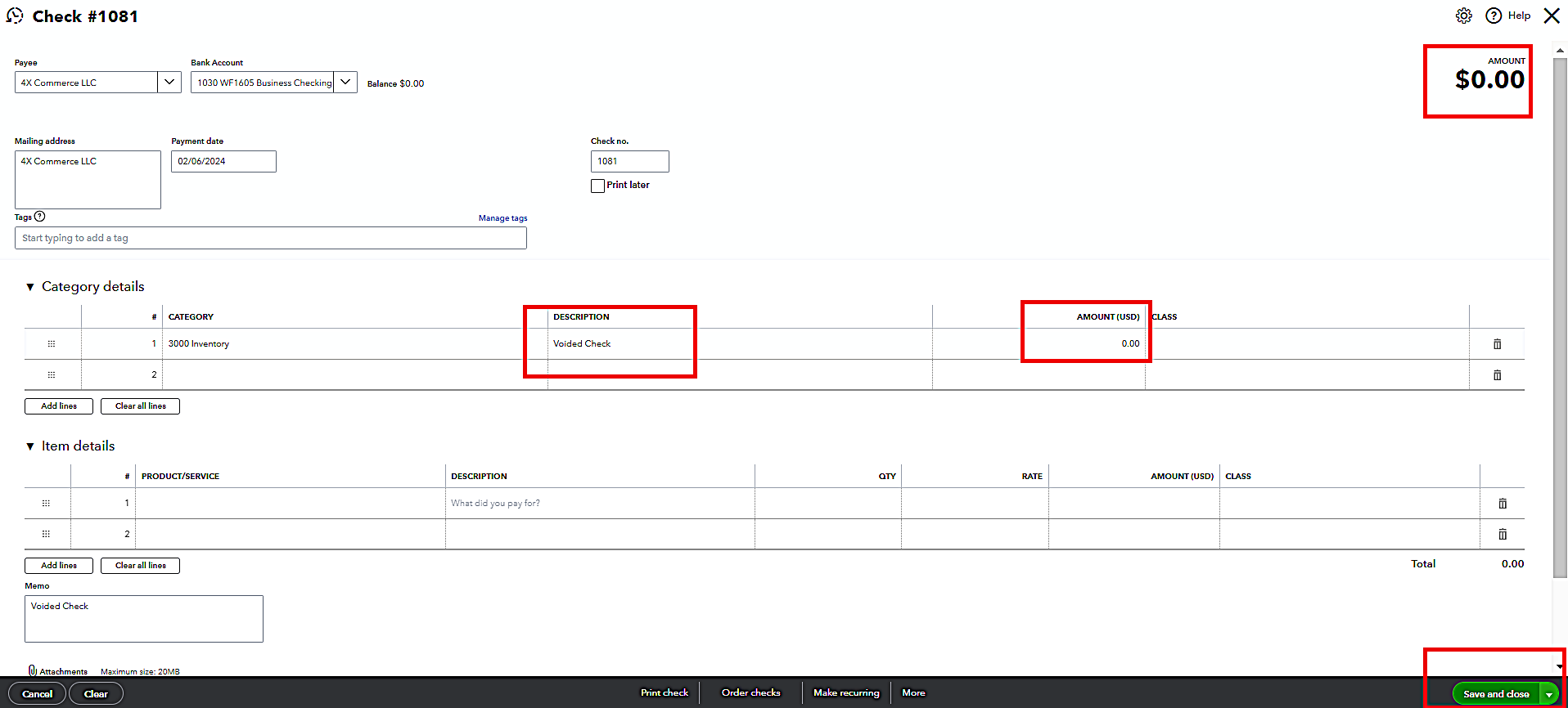 How to Void a Check in Quickbooks Click the "Save and Close" button