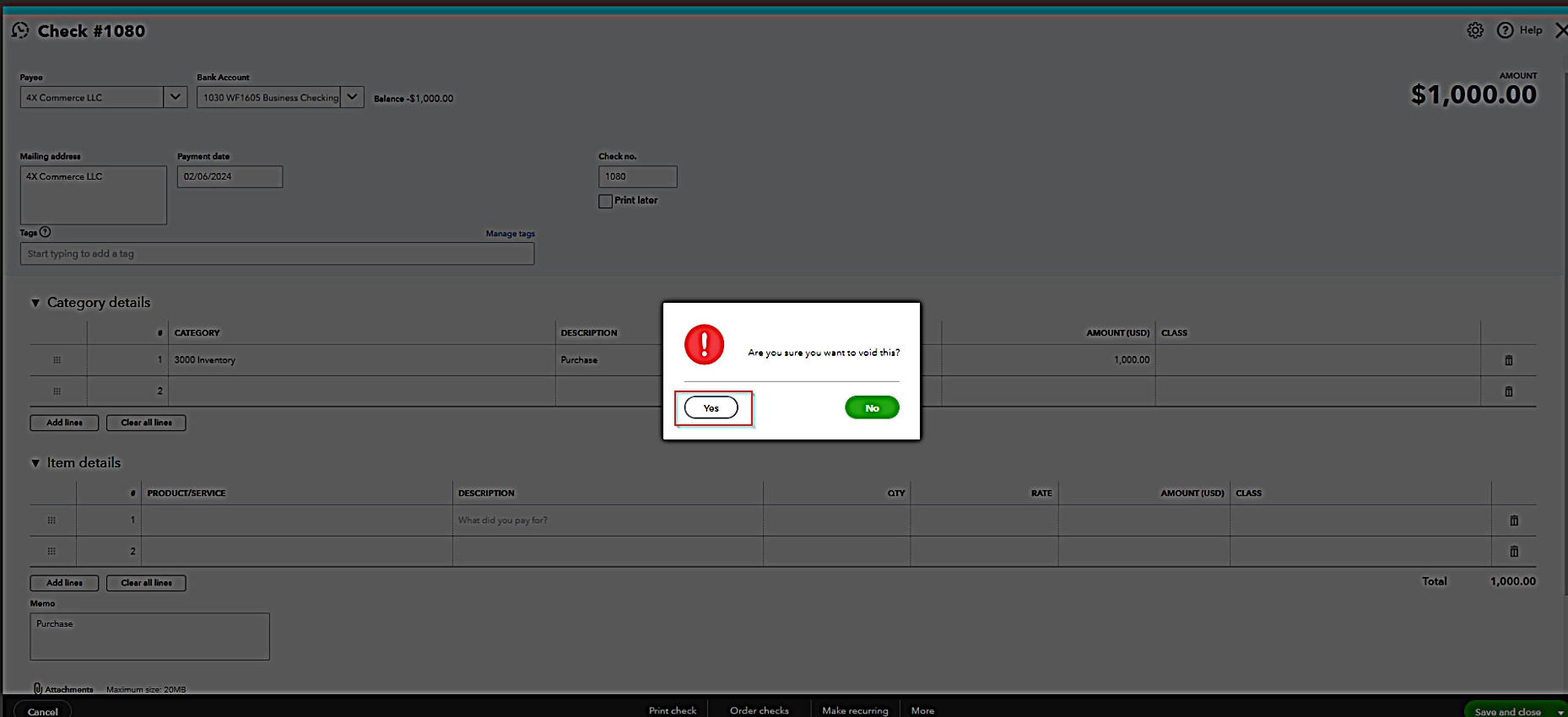 Quickbooks Void Confirm you want to void the check by clicking "Yes"