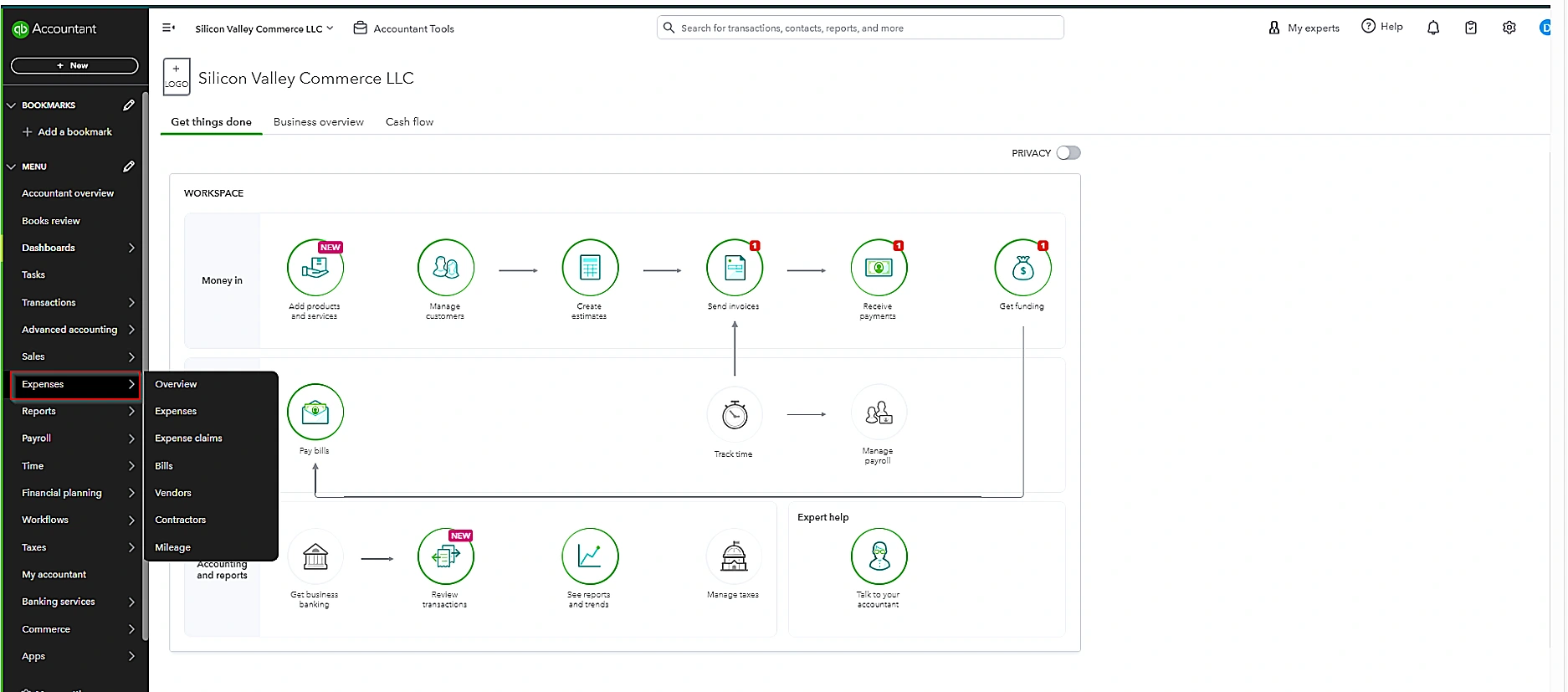 Navigate to the “Expenses” tab in QBO dashboard