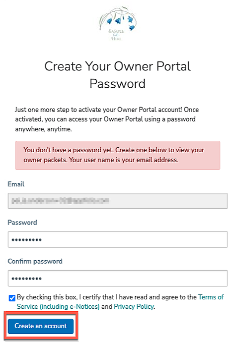 After confirming your email during the Appfolio log in as an owner, set up a secure password for your portal.
