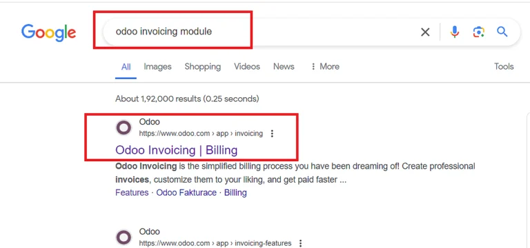 Type “Odoo Invoicing Module” in your preferred browser. Click on the “Odoo Invoicing | Billing” link on the SERP.
