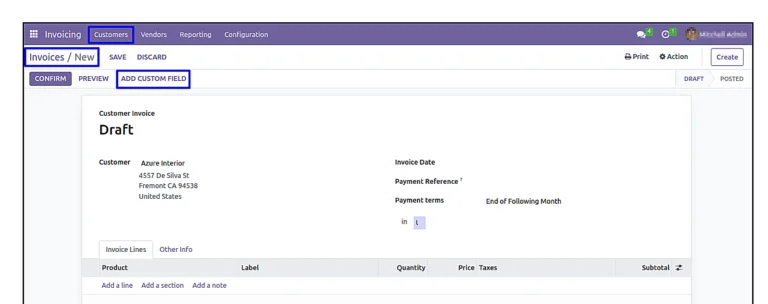 After that the “Add Custom Field” button is made available on both supplier and customer invoices. Click on that.