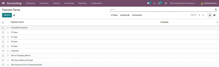 Odoo Payment Terms page.