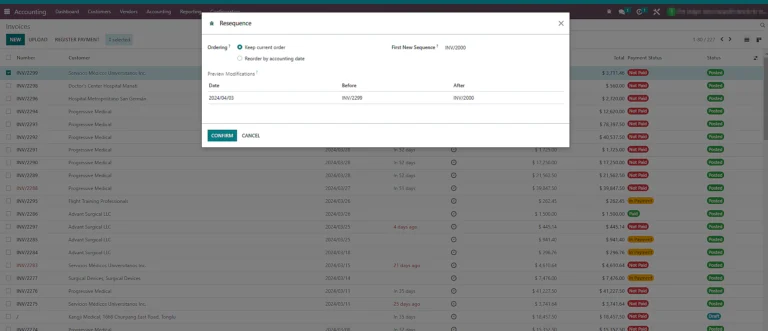 Change the number of invoicing on the “First New Sequence” field.